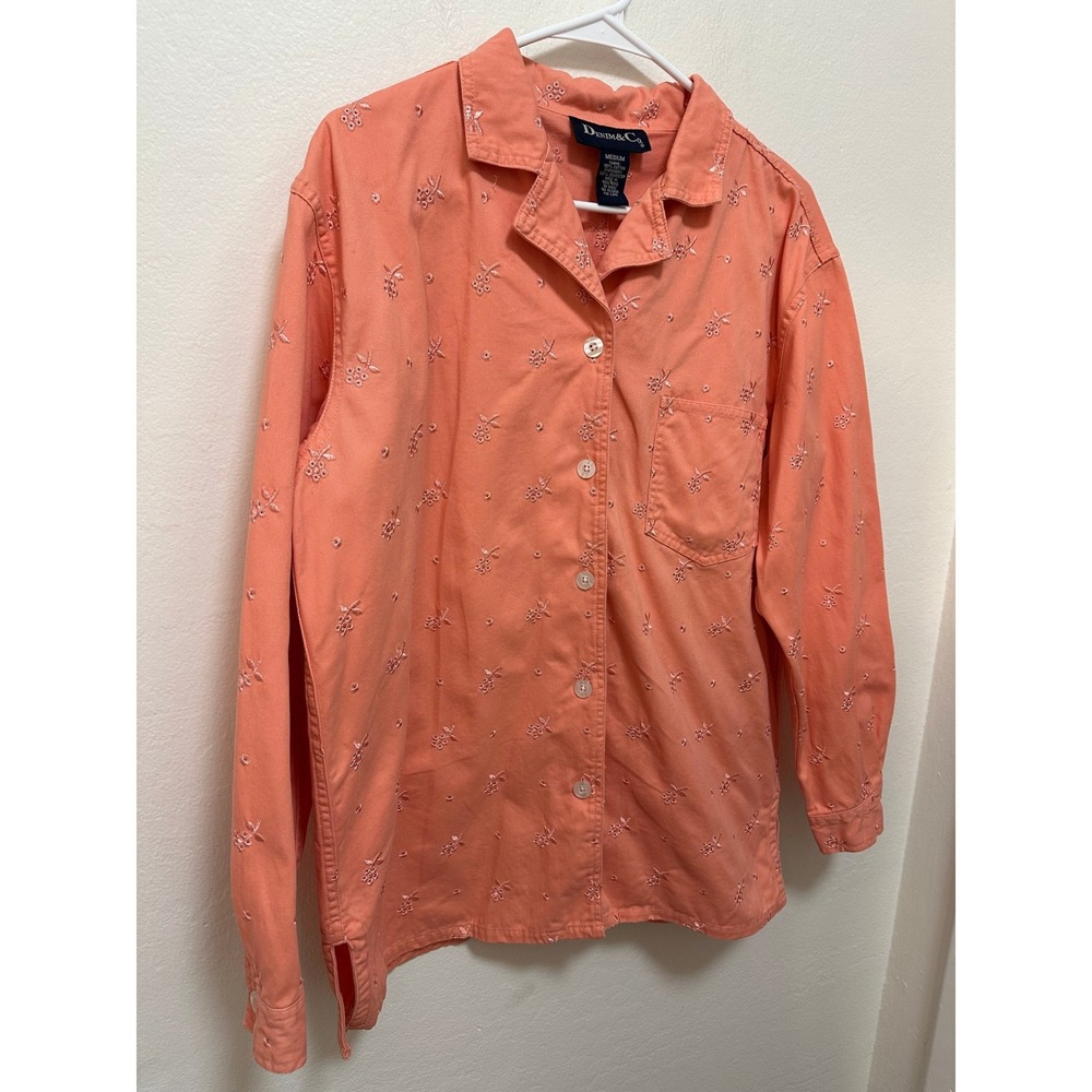 Denim & Co. Embroidered Button Down Shirt Coral Medium Blouse Top Casual - Picture 3 of 7